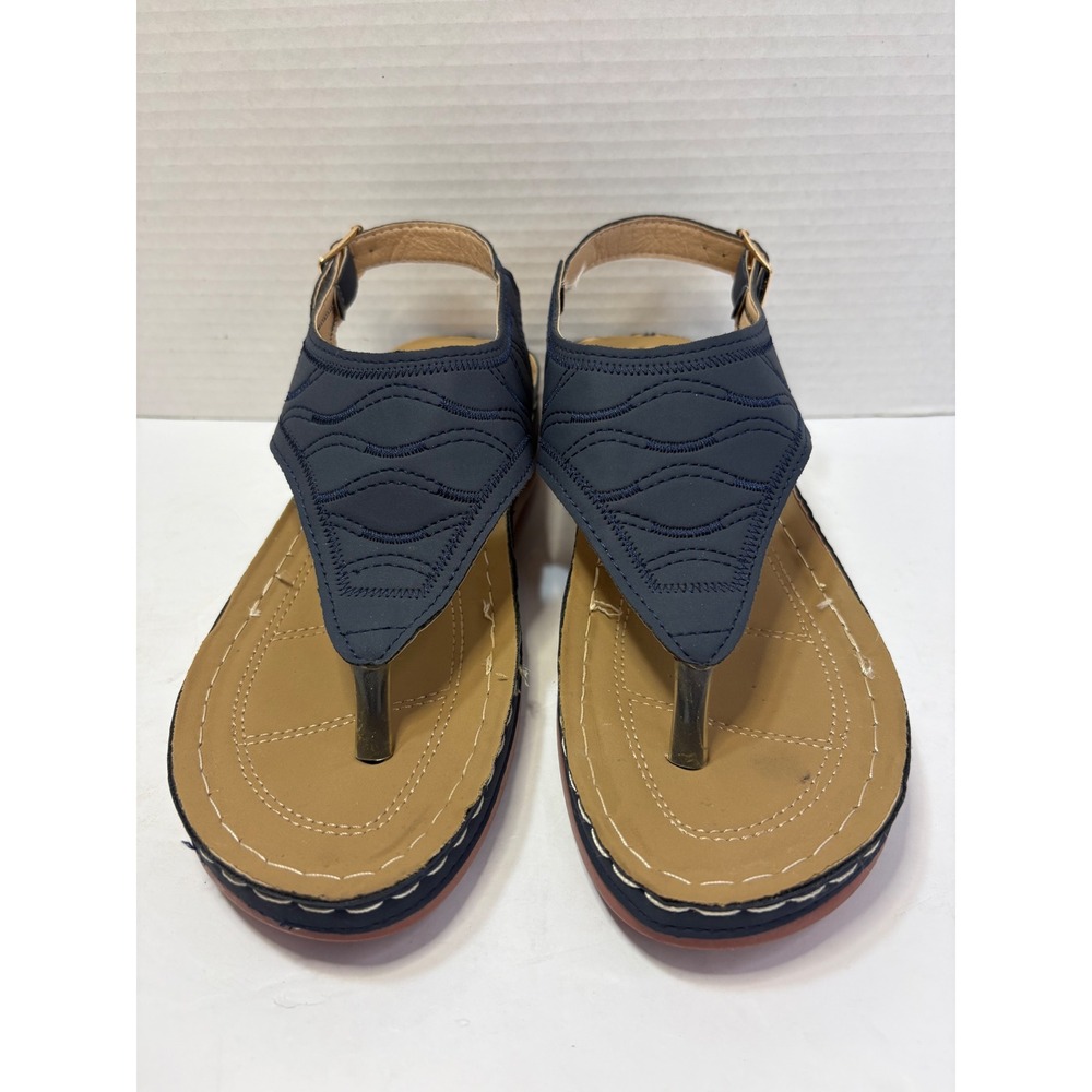 Navy Blue Slingback Thong Sandals Wave Stitched Comfort Wedge Size 39